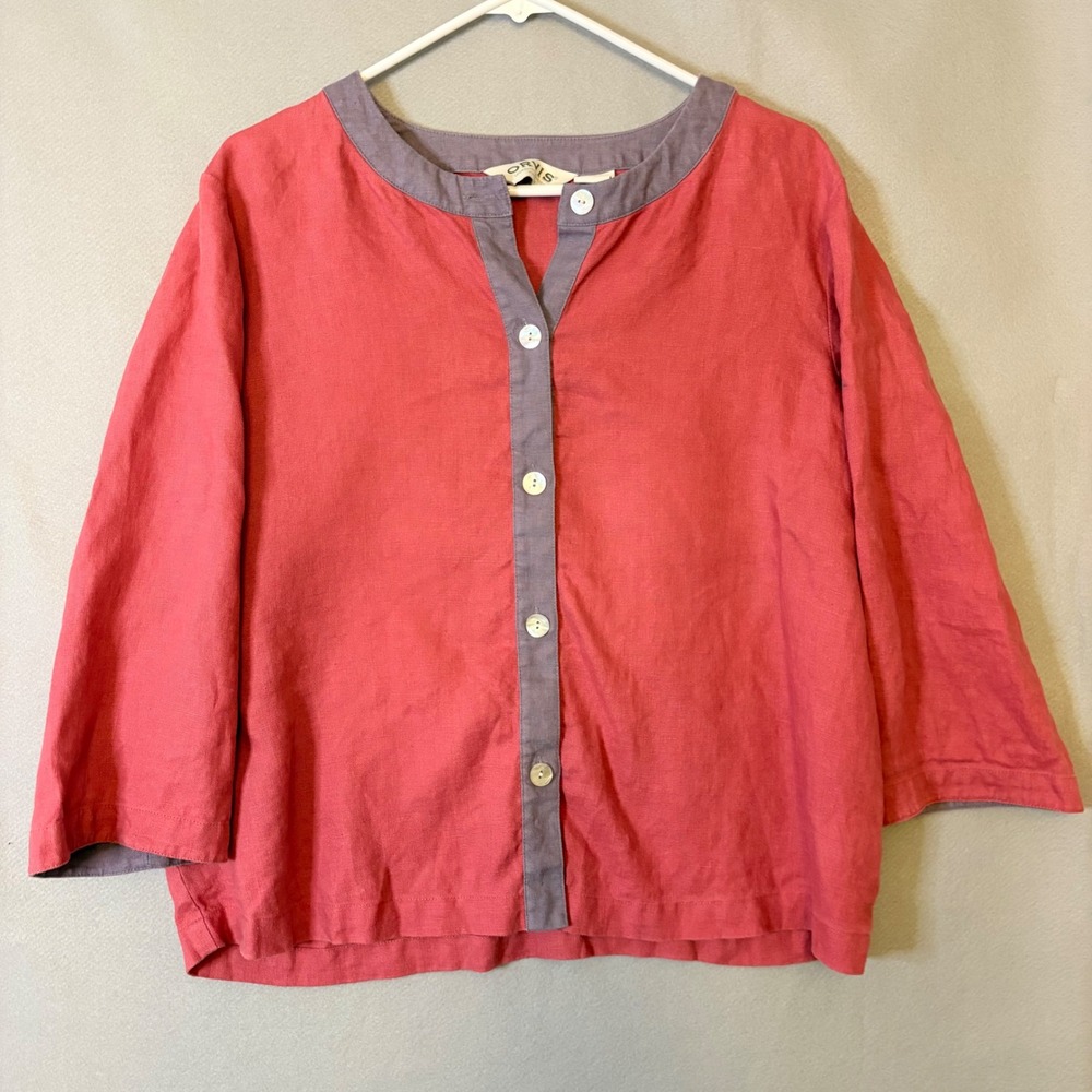 Orvis 100% Linen Button Up Blouse Top Pink Purple Colorblock Coastal Large 14/16